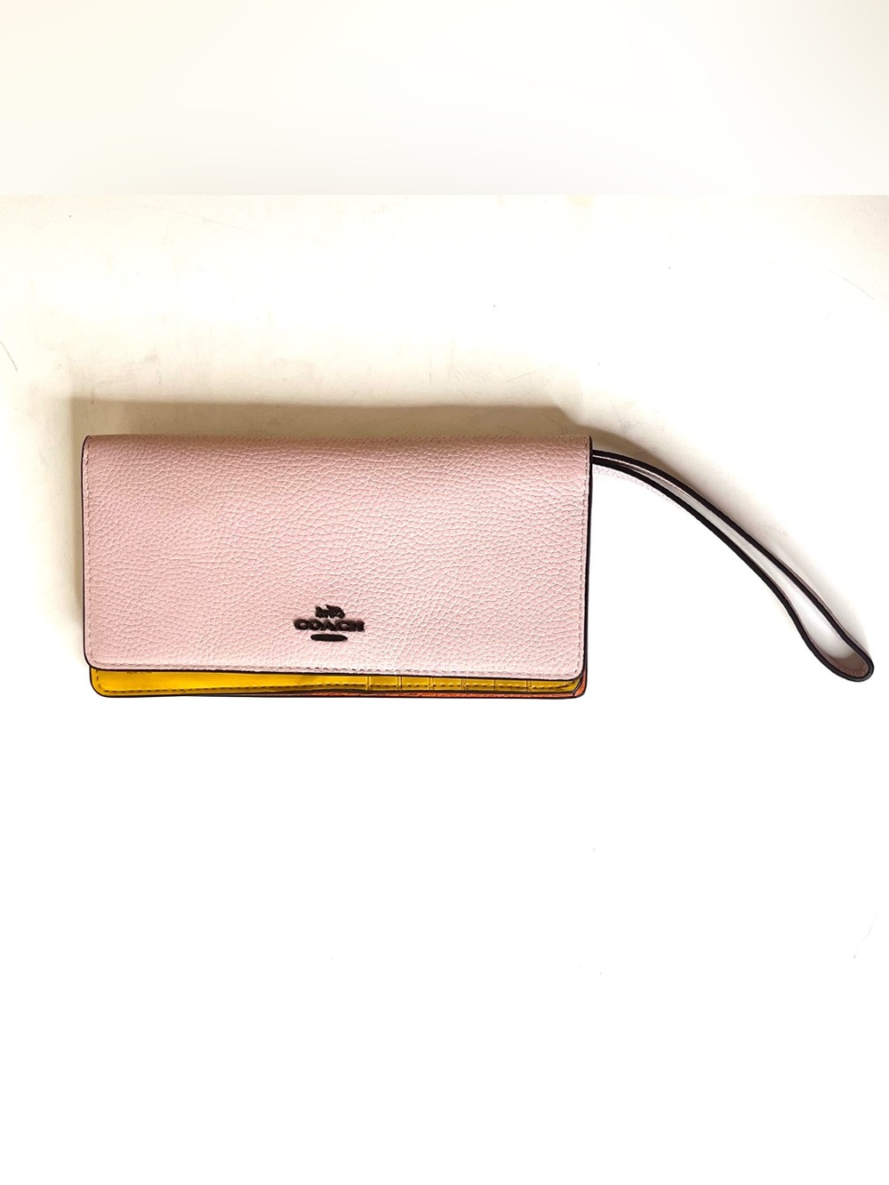 Coach Soft Mauve Pink Pebbled Leather Clutch with Yellow/Orange Trim pockets